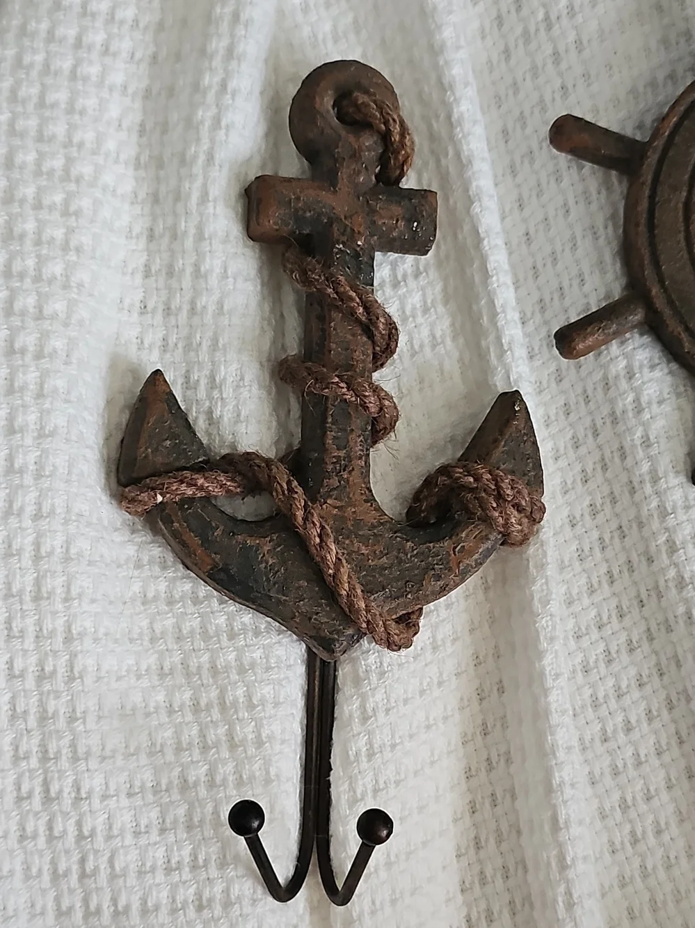 Rustic Anchor and Ship Wheel Wall Hooks - Brown Nautical Decor